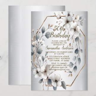 Invitación Flores blancas color agua marco dorado plateado Ve