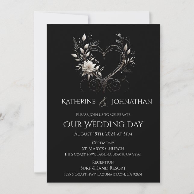 Invitación Flores blancas con un Boda cardíaco (Anverso)