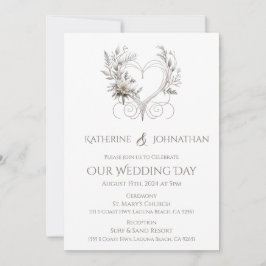 Invitación Flores blancas con un Boda cardíaco