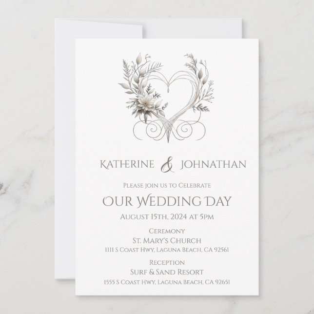 Invitación Flores blancas con un Boda cardíaco (Anverso)