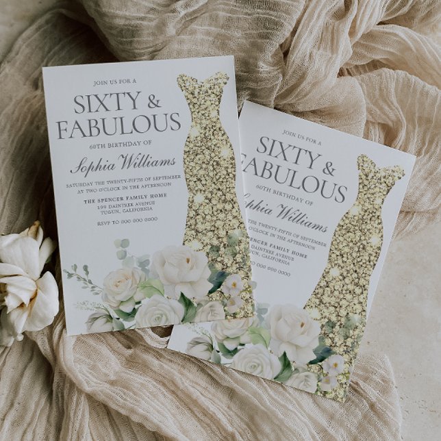 Invitación Flores blancas con vestido de oro Elegante cumplea (Subido por el creador)