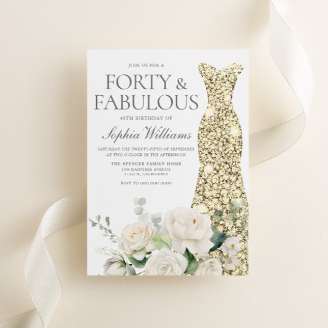 Invitación Flores blancas con vestido de oro Elegante cumplea (Subido por el creador)
