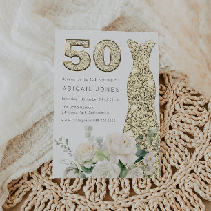 Invitación Flores blancas con vestido de oro Elegante cumplea