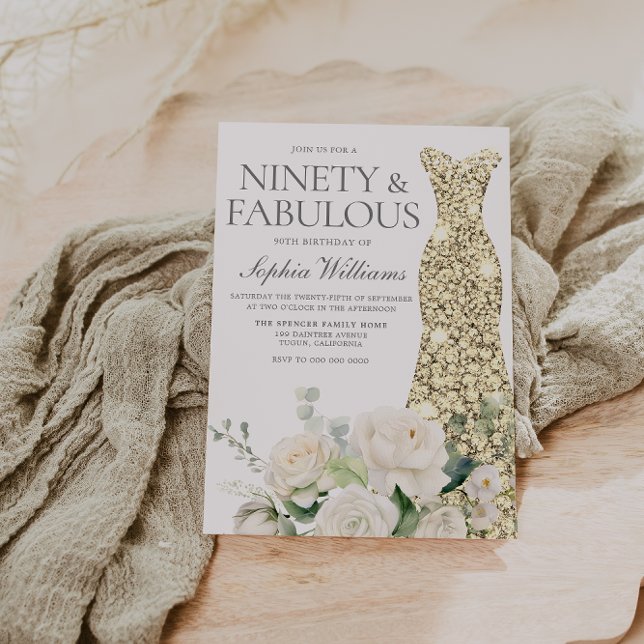 Invitación Flores blancas con vestido de oro Elegante cumplea (Subido por el creador)