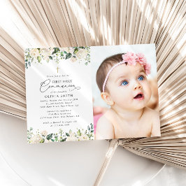 Invitación Flores blancas crema, Boho, Primera Comunión