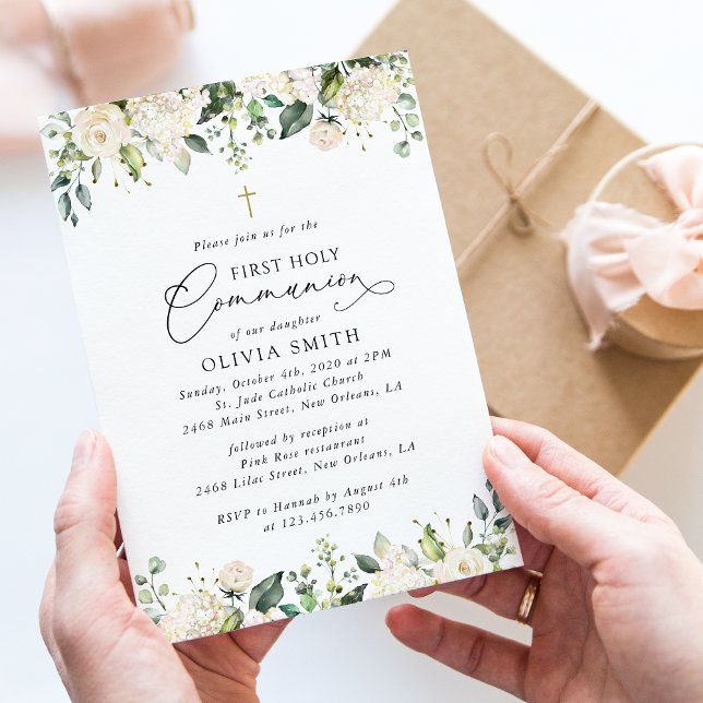 Invitación Flores blancas crema, Boho, Primera Comunión (Subido por el creador)