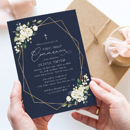 Invitación Flores blancas crema, Boho, Primera Comunión