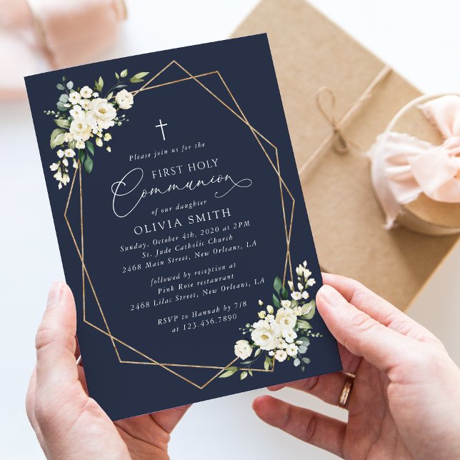 Invitación Flores blancas crema, Boho, Primera Comunión (Subido por el creador)