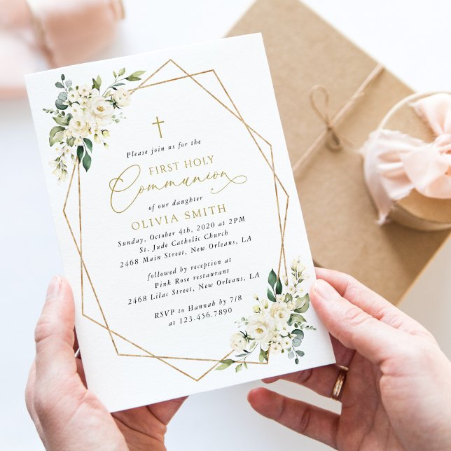 Invitación Flores blancas crema, Boho, Primera Comunión (Subido por el creador)