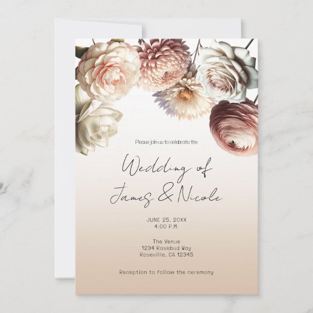 Invitación Flores Blancas Cremosas Rosa Melocotón Boda Floral (Anverso)