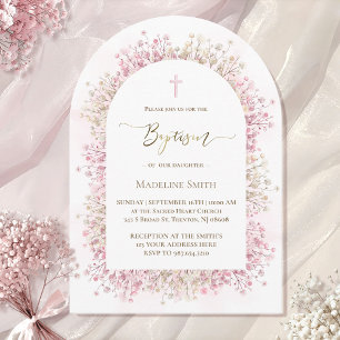 Invitación flores blancas de acuarela rosa Bautizo