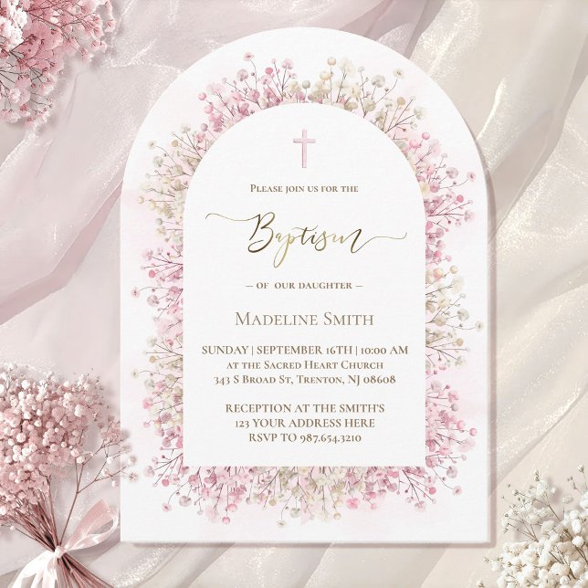 Invitación flores blancas de acuarela rosa Bautizo (Subido por el creador)