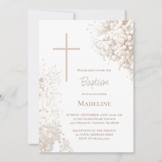 Invitación Flores blancas de Aliento de bebé Bautizo (Anverso)