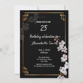 Invitación flores blancas de cerezo y marco dorado cumpleaños