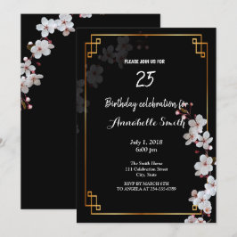 Invitación flores blancas de cerezo y marco dorado cumpleaños
