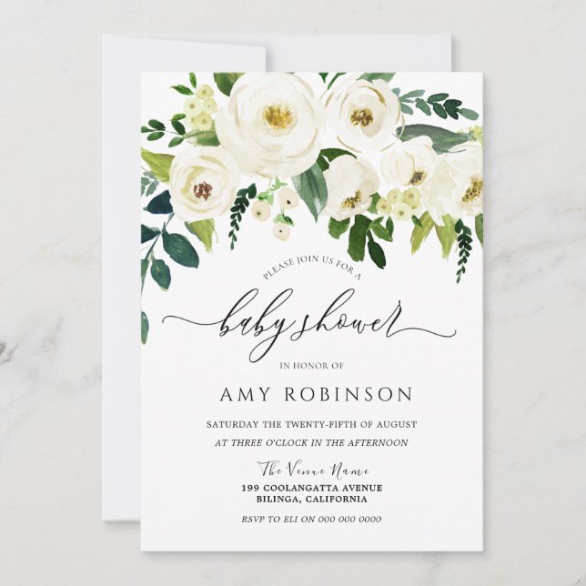 Invitación Flores blancas de champán Baby Shower elegante (Anverso)