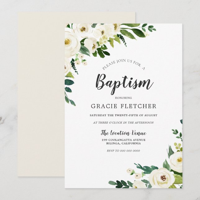 Invitación Flores blancas de champán bautizan elegantemente (Anverso / Reverso)