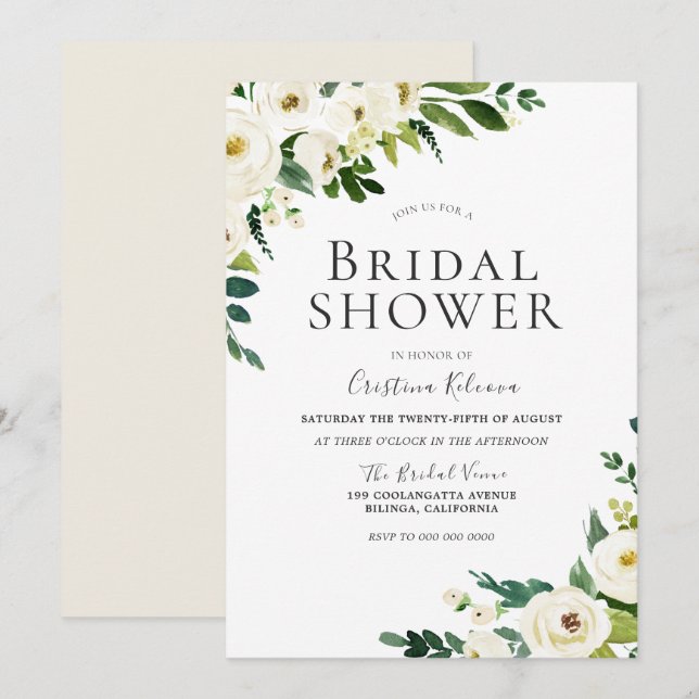Invitación Flores blancas de champán Ducha nupcial elegante (Anverso / Reverso)