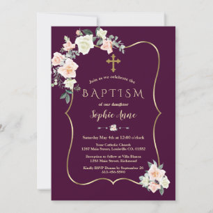 Invitación Flores blancas de ciruela oscura Rubor bautismo Ch
