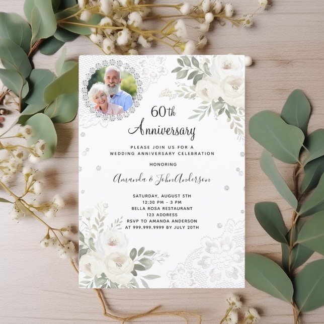 Invitación Flores blancas de diamantes 60 aniversario boda (Subido por el creador)