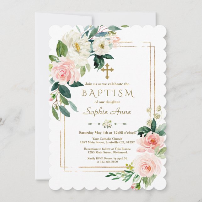 Invitación Flores blancas de encanto florecen el bautismo de  (Anverso)