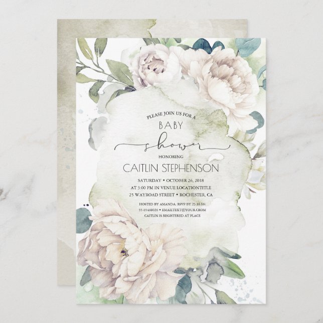 Invitación Flores blancas de época y Baby Shower verde (Anverso / Reverso)