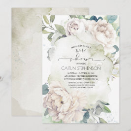 Invitación Flores blancas de época y Baby Shower verde
