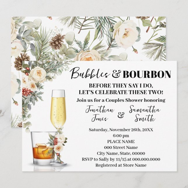 Invitación Flores Blancas de Invierno Burbujas y Bourbon Show (Anverso / Reverso)