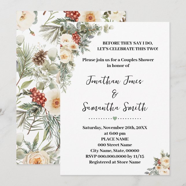 Invitación Flores Blancas de Invierno para Bodas de Parejas (Anverso / Reverso)
