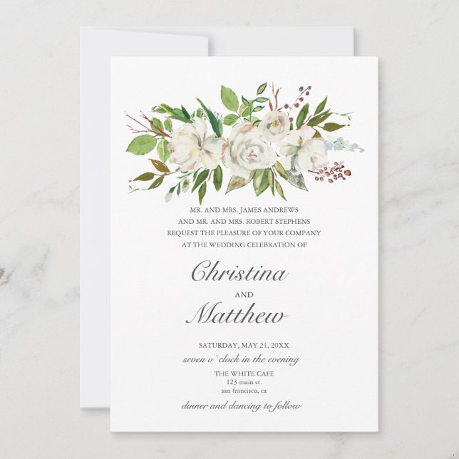 Invitación Flores blancas de jardín antiguo Elegante boda (Anverso)