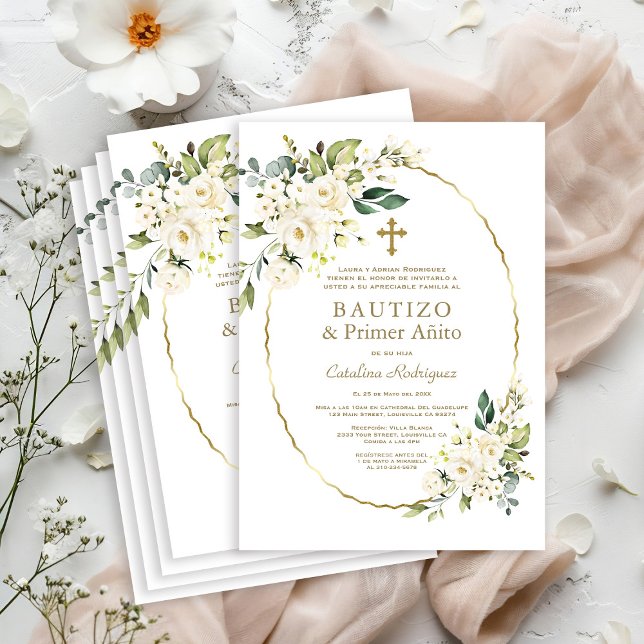 Invitación Flores blancas de lujo Bautismo español de primer  (Subido por el creador)