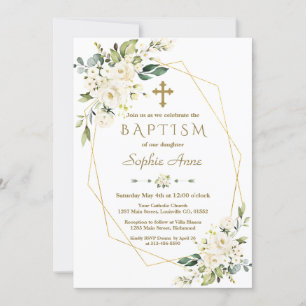Invitación Flores Blancas De Lujo Cruce De Oro Bautismo