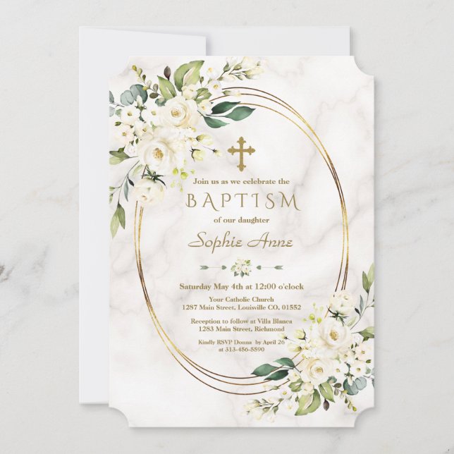 Invitación Flores blancas de lujo Marble Gold Cross Baptism (Anverso)