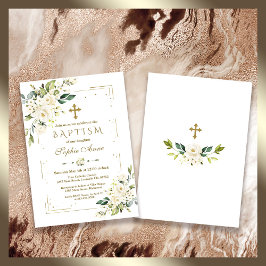 Invitación Flores blancas de lujo Purpurina de oro Bautismo m