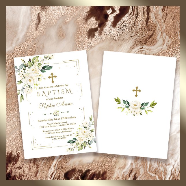 Invitación Flores blancas de lujo Purpurina de oro Bautismo m (elegant trendy baptism white floral invitation)