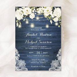 Invitación Flores blancas de madera azul rustica Lace Mason J
