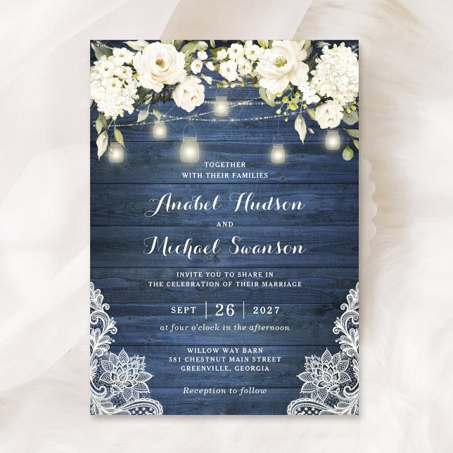 Invitación Flores blancas de madera azul rustica Lace Mason J (Subido por el creador)