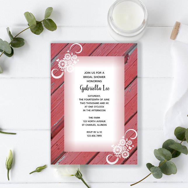Invitación Flores blancas de madera roja rústica ducha de nov (Subido por el creador)
