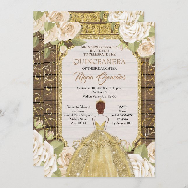 Invitación Flores blancas de madera rústica Quinceanera Cumpl (Anverso / Reverso)