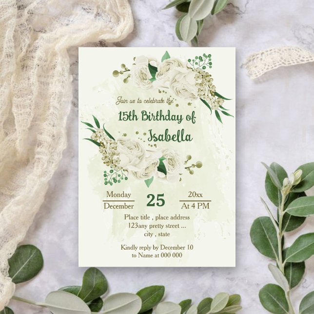 Invitación Flores blancas de marfil cumpleaños verde (Subido por el creador)