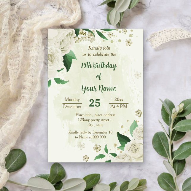 Invitación Flores blancas de marfil cumpleaños verde (Subido por el creador)