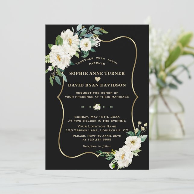 Invitación Flores blancas de marfil modernas Subió Boda negro (Anverso de pie)