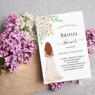 Invitación Flores blancas de novia vestido verde ducha de nov