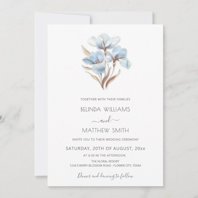 Invitación Flores Blancas de Oro Azul (Anverso)