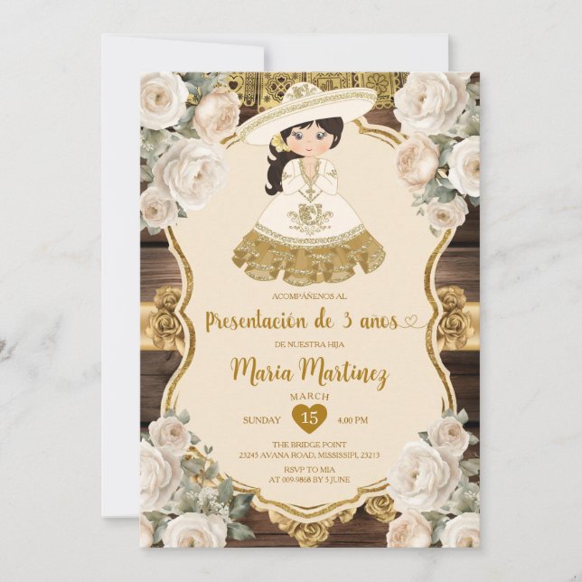 Invitación Flores blancas de oro y presentación de tres años (Anverso)