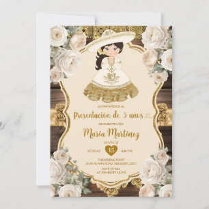 Invitación Flores blancas de oro y presentación de tres años