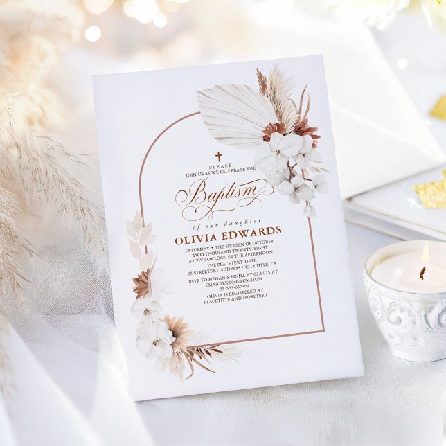Invitación Flores blancas de terracota bautismo de Moda boho (Boho Terracotta Floral Arch Baptism Invitations)