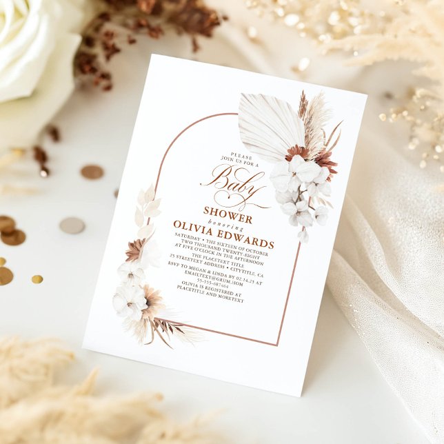 Invitación Flores blancas de terracota Boho Elegante Baby Sho (Terracotta Baby Shower Invitations)