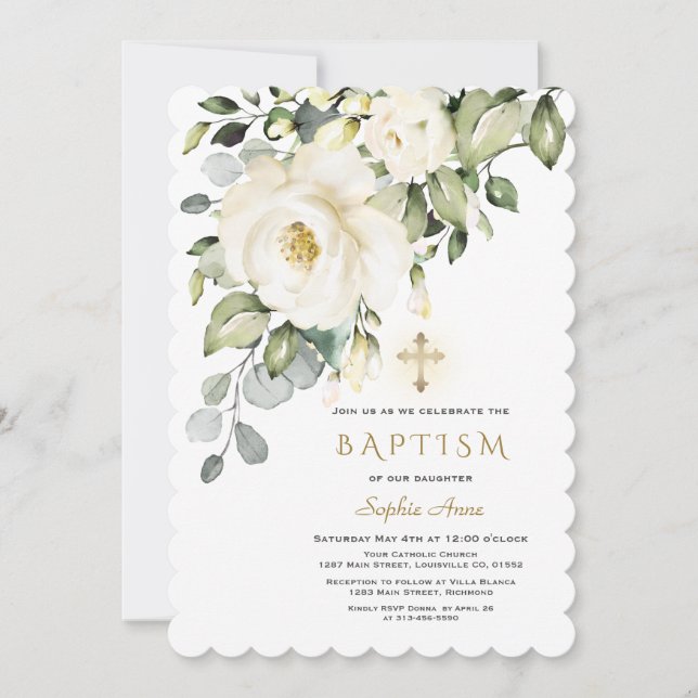 Invitación Flores blancas delgadas Bautismo cruzado con Chica (Anverso)