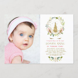 Invitación Flores blancas delgadas foto de unicornio dorado c